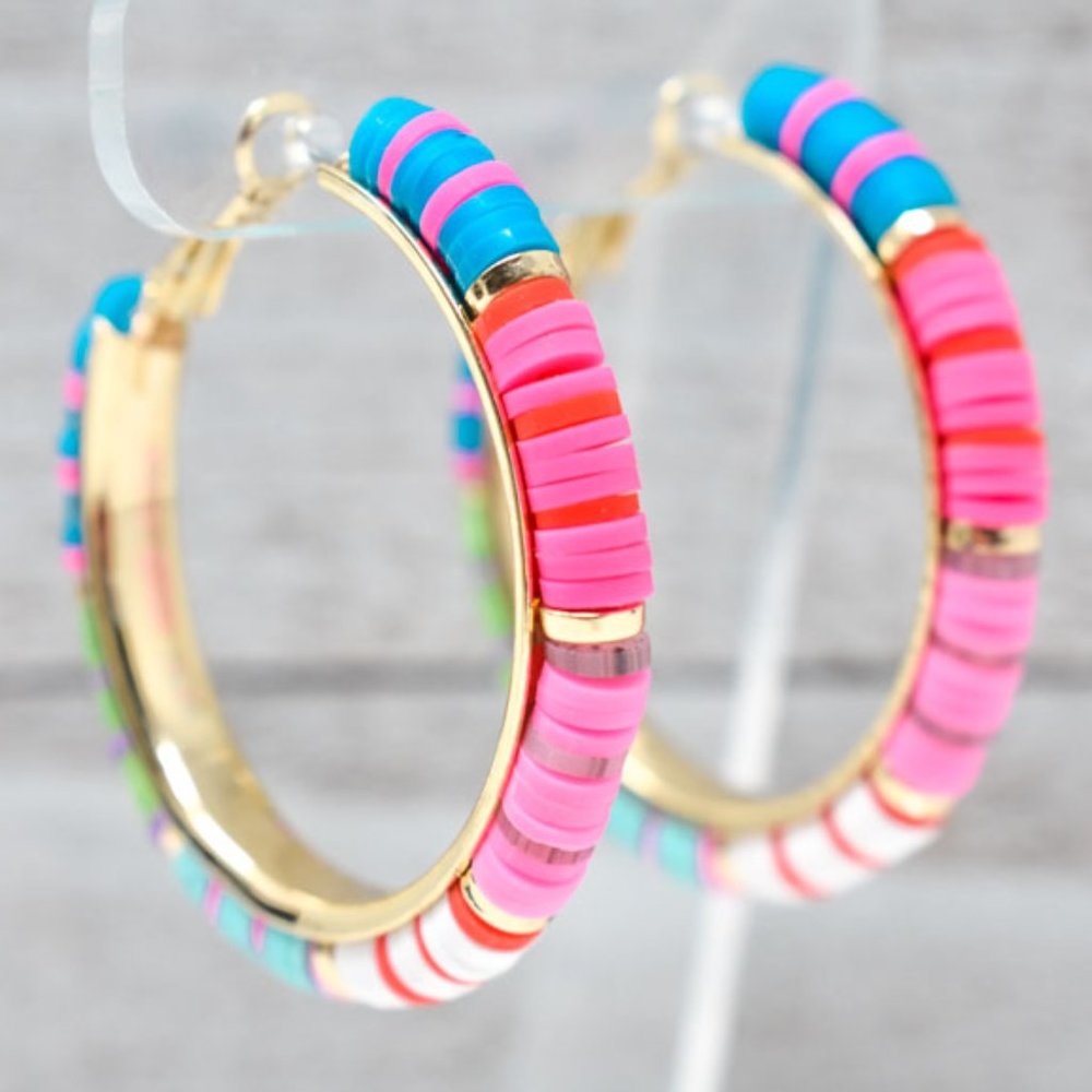 (B) COLORFUL RUBBER DISC GOLD TONE LEVERBACK HOOPS